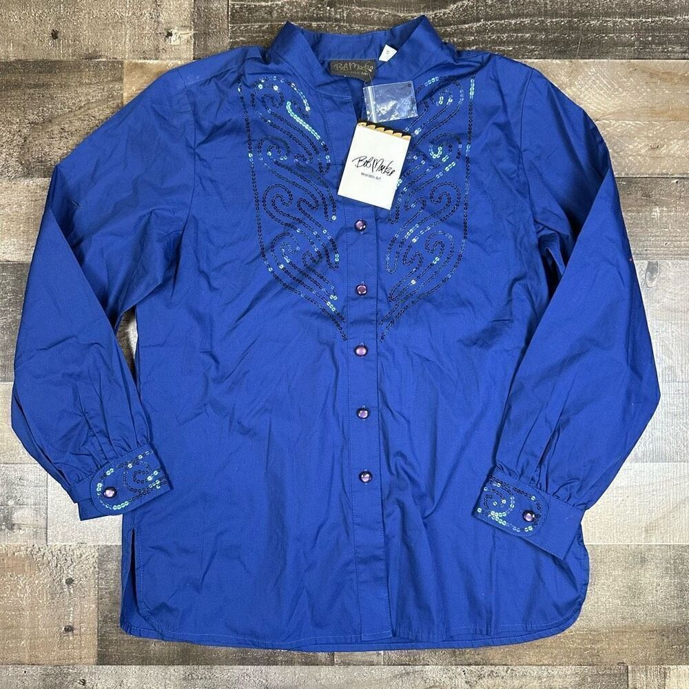 Bob Mackie Wearable Art Women’s Size Small Button Up Top Blue Sequined Shirt NWT